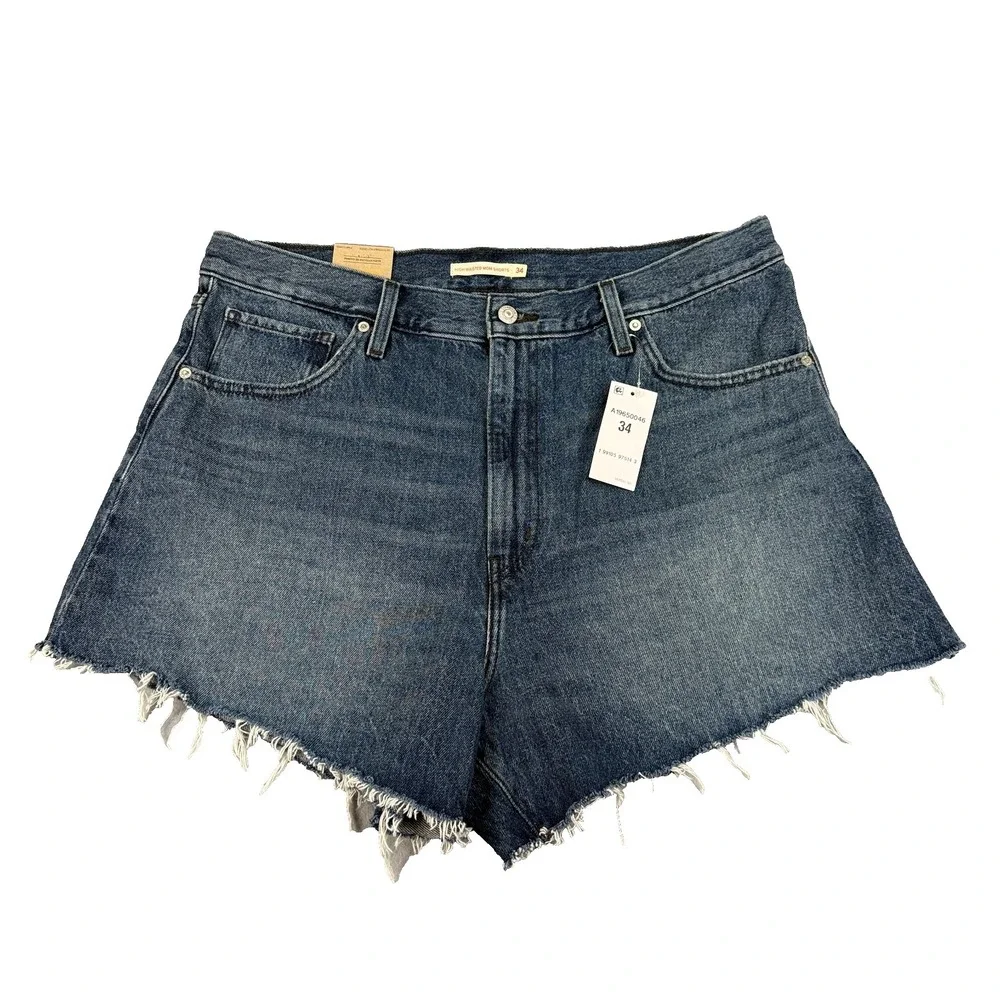 Levi's Womens High Waisted Mom Shorts Size 34 Blue Denim Relaxed Fit Raw Hem NWT